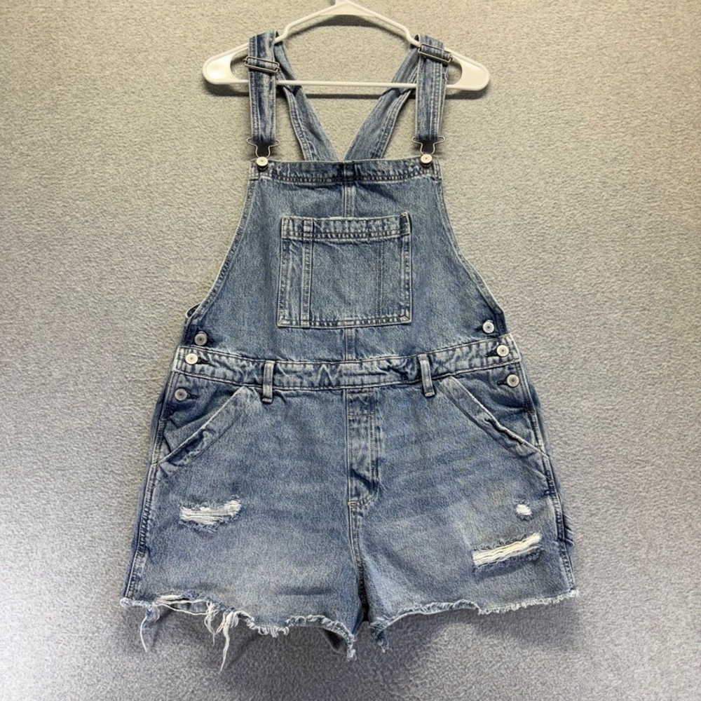 Arizona Shortalls Womens XL Blue Carpenter‎ Overalls Frayed Hem Destroyed Denim